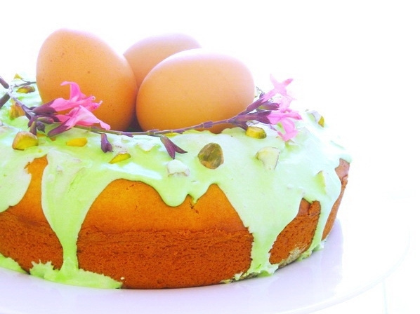 Easter Nest Sweet Cake With Sour Cream-Royal Icing and Pistachios