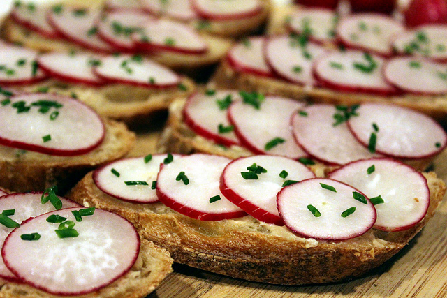 Sliced Baguette with Anchovy Chive Butter and Radishes