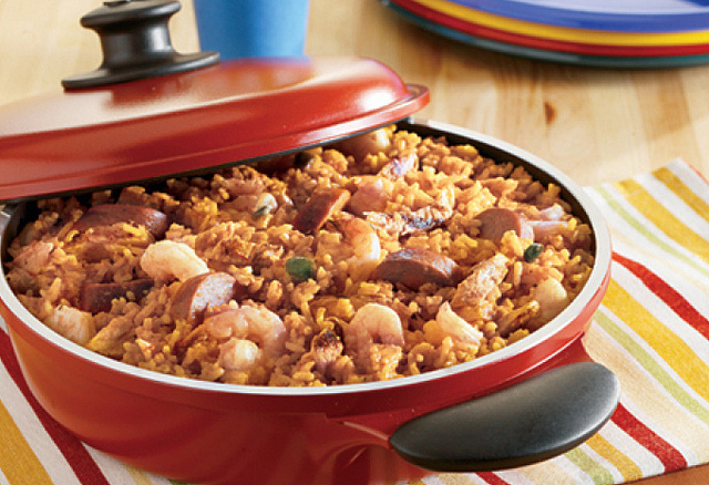 Easy Chicken, Kielbasa and Shrimp Paella