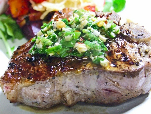 Pan Seared Lamb Loin With Chimichurri & Roasted Trio Squash Salad With Goat Cheese and Pinenuts