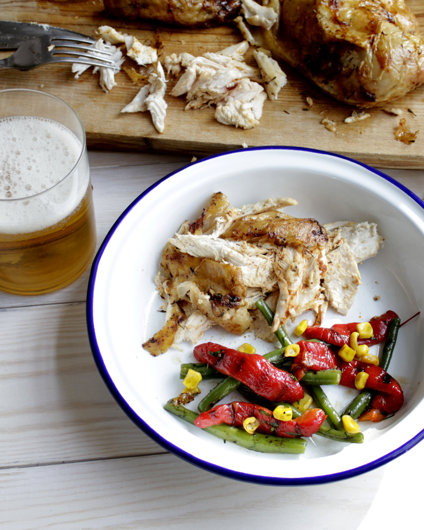 Beer Can Chicken, Country Style Vegetables with Roasted Garlic