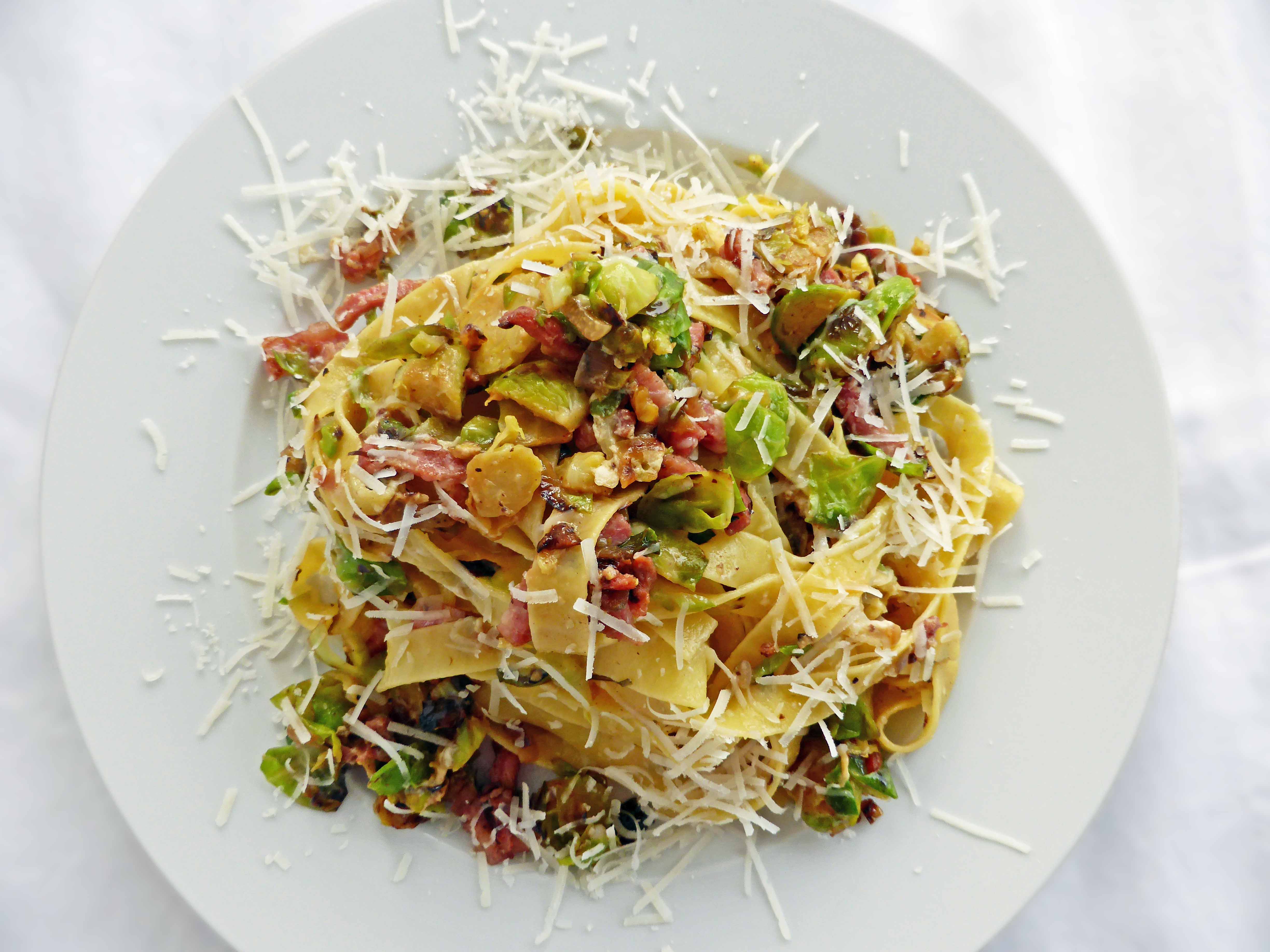 Brussels Sprout Carbonara with Fettuccini