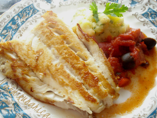 Cod with Tomato-Olive-Chorizo Sauce and Mashed Potatoes